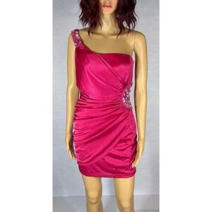 Vintage y2k One Shoulder Mini Dress‎ Pink Party Rhinestone Ruched Bodycon MEDIUM